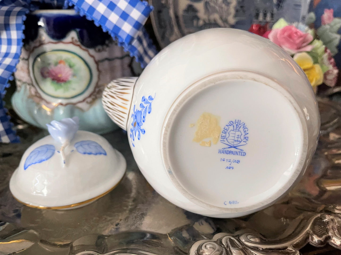 Vintage Herend Chinese Bouquet Blue Coffee Pot with Rose Finial, Large