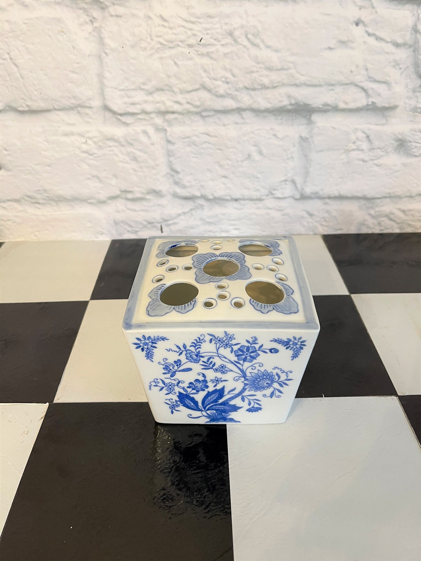 Blue and White Floral Frog/Vase, Florals and Acanthus Detail, Vintage Blue and White Floral Table Decor