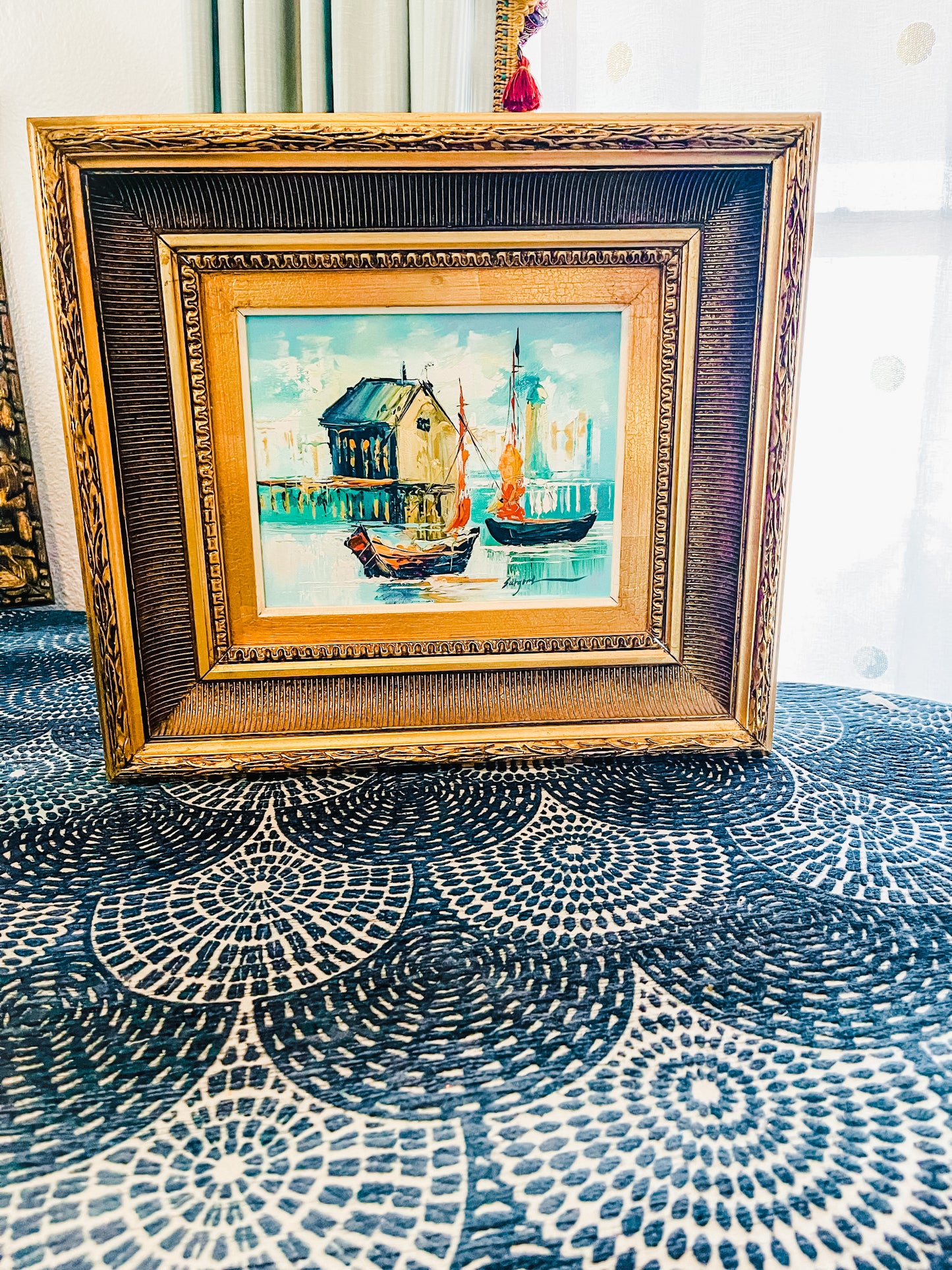 Vintage Painting of Boats at the Pier, Gold Gilt Ornate Frame, Vintage Oil on Canvas