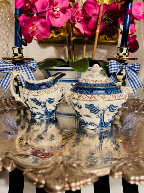 Booths Real Old Willow Creamer and Sugar Bowl with Lid, Made in England