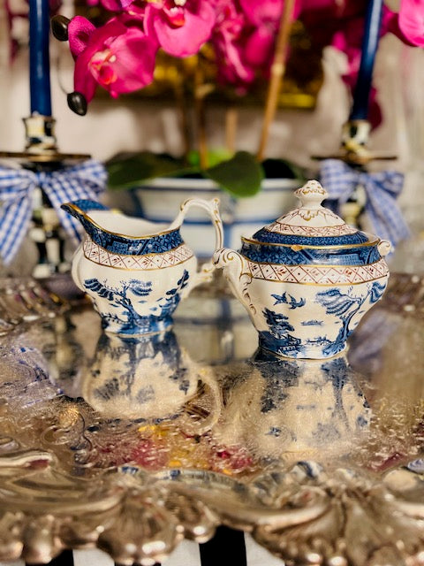 Booths Real Old Willow Creamer and Sugar Bowl with Lid, Made in England