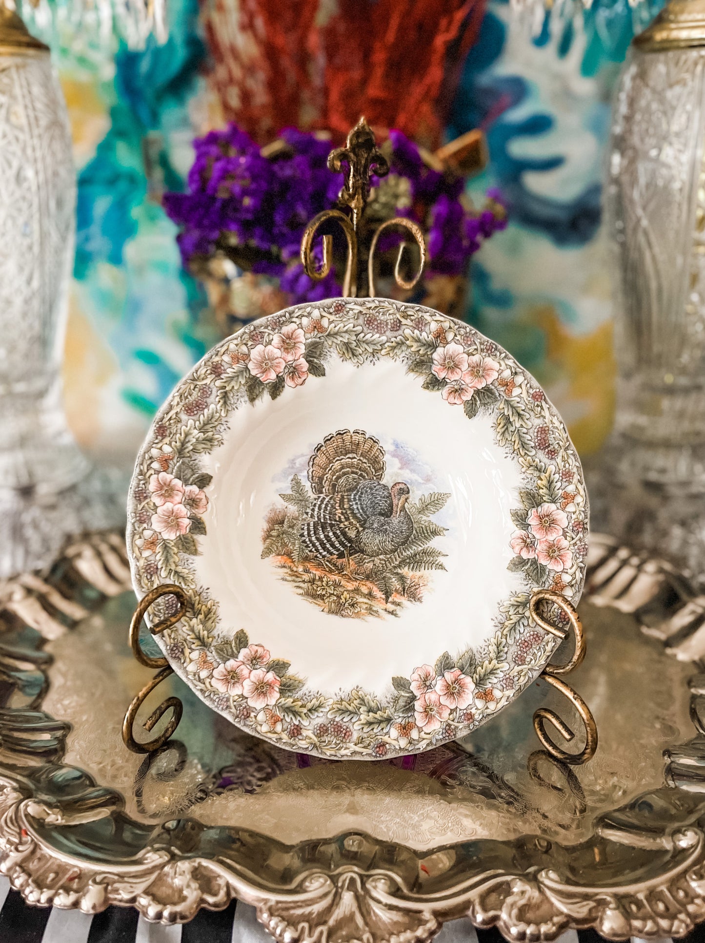 Vintage SET OF SEVEN Churchill Thanksgiving Rimmed Soup Bowl - Brown Multicolor Transferware - Made in Columbia