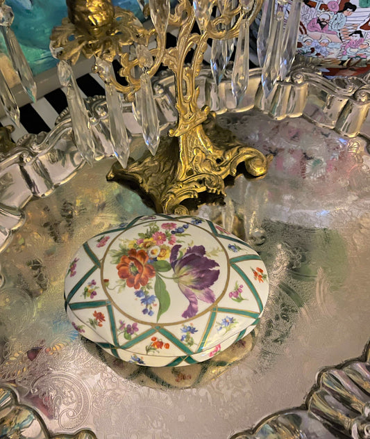 Elios Lidded Dish, Hand Painted Italian Porcelain, Green Latice with Vibrant Flowers
