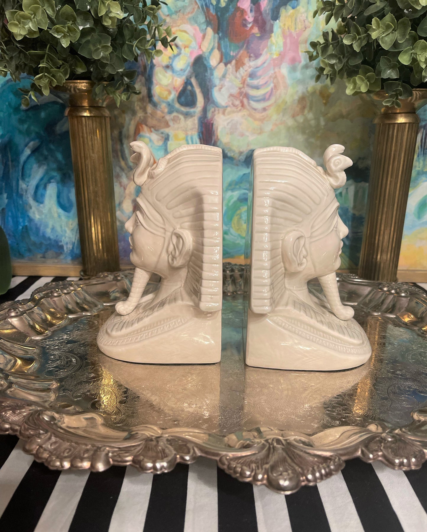 Vintage Fitz and Floyd Egyptian Revival King Tut Bookends, Vintage Egyptian Pharaoh Shelf Decor