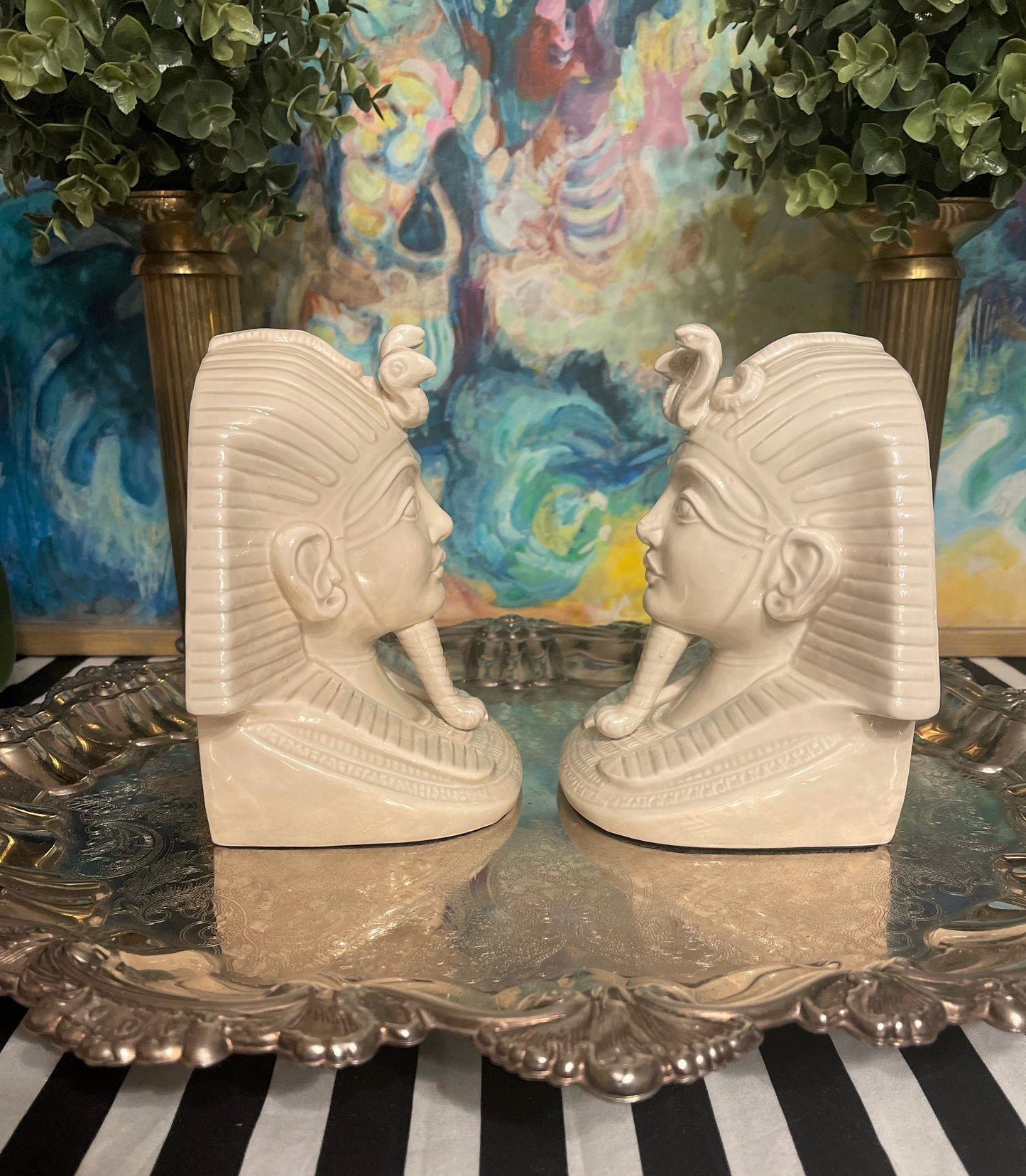 Vintage Fitz and Floyd Egyptian Revival King Tut Bookends, Vintage Egyptian Pharaoh Shelf Decor
