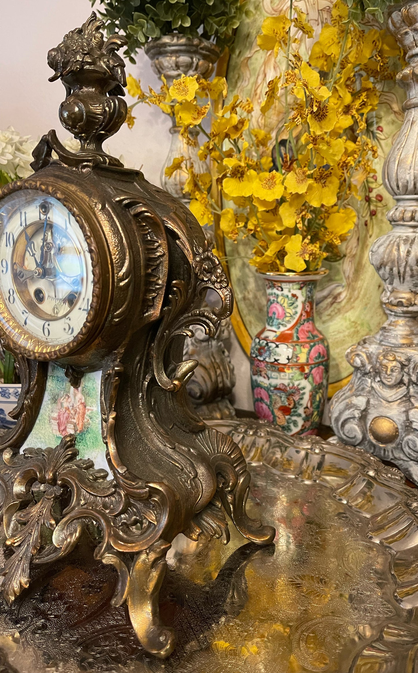 Antique French Ormolu Bronze Mantel Clock with Hand Painted Porcelain Adornment