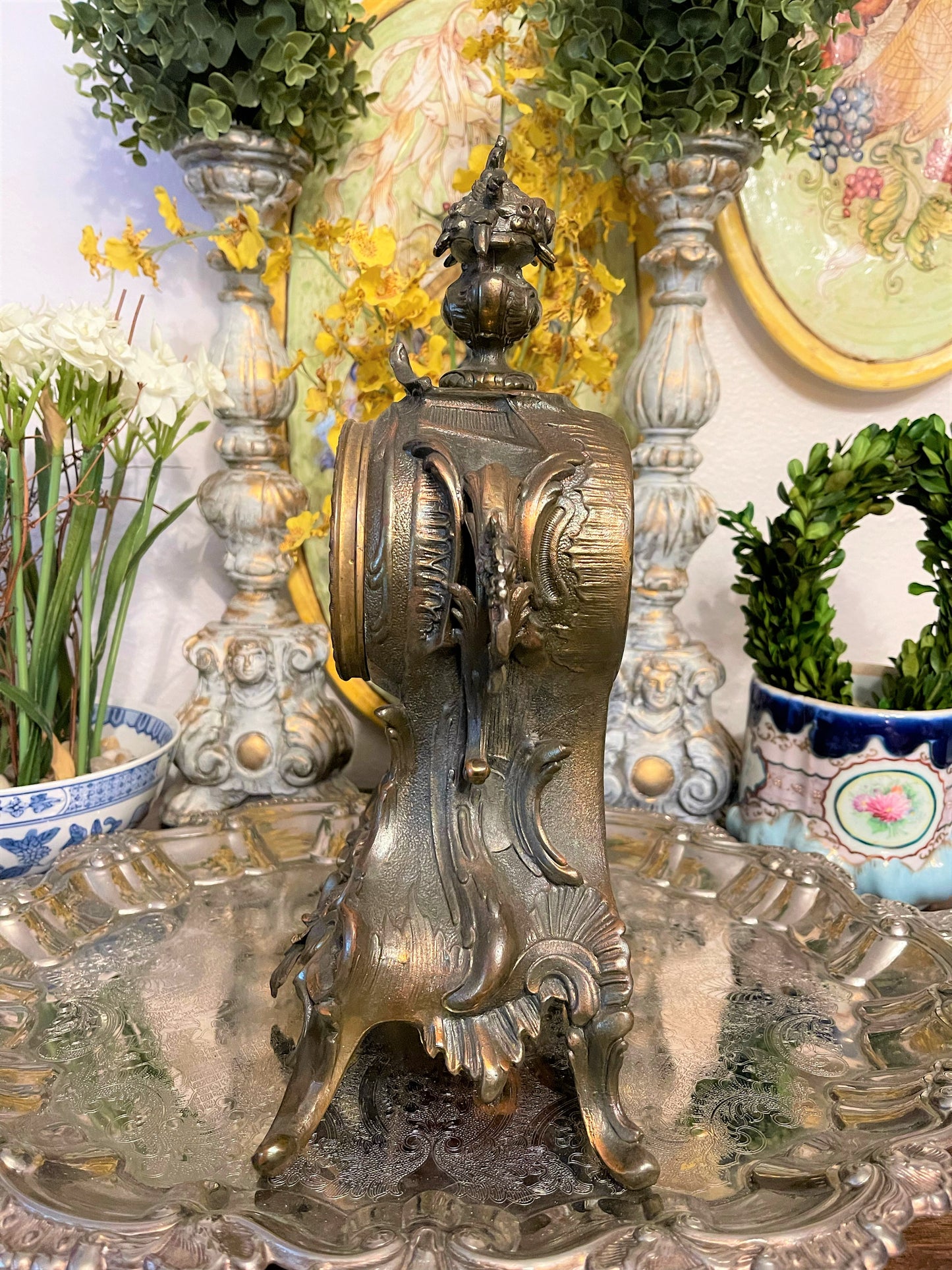 Antique French Ormolu Bronze Mantel Clock with Hand Painted Porcelain Adornment