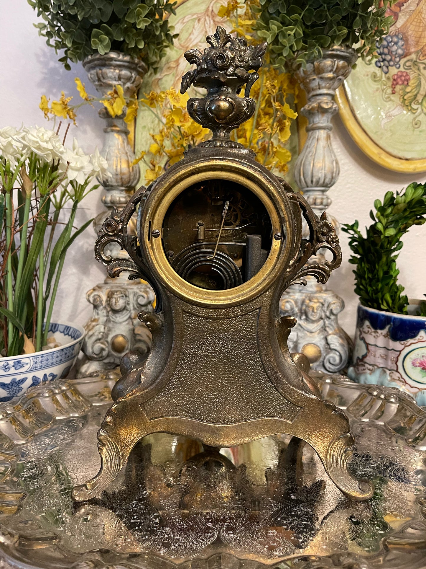 Antique French Ormolu Bronze Mantel Clock with Hand Painted Porcelain Adornment