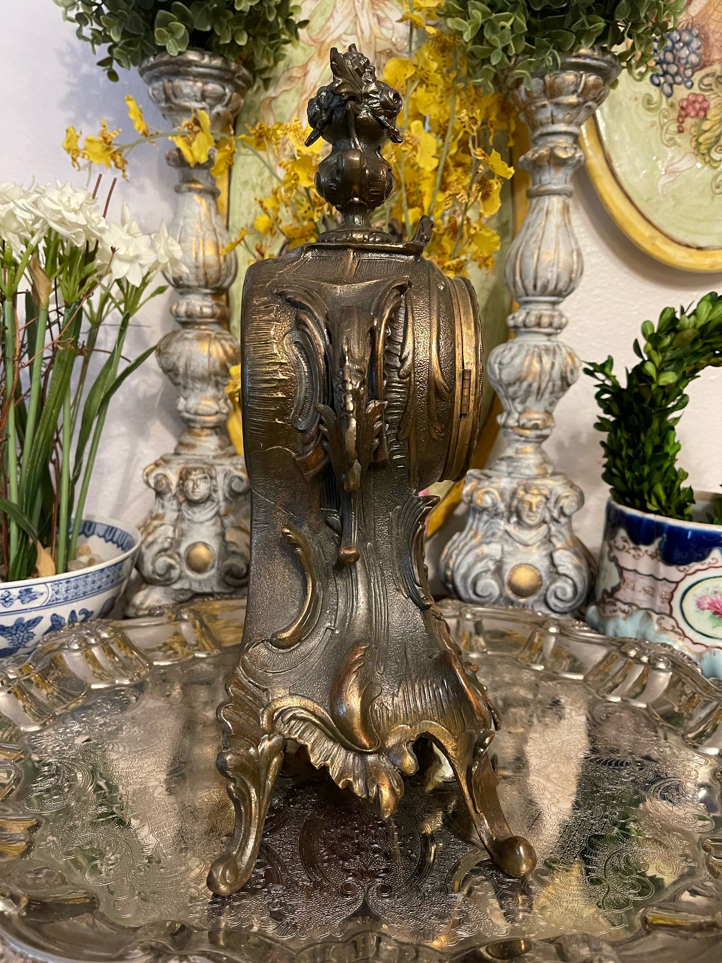 Antique French Ormolu Bronze Mantel Clock with Hand Painted Porcelain Adornment