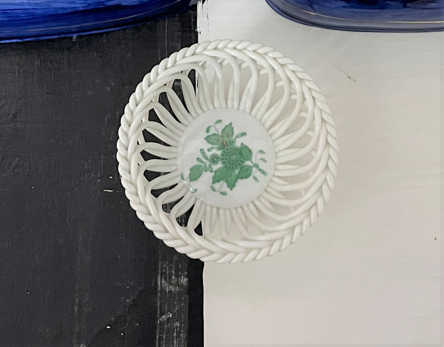 Vintage Herend Green Chinese Bouquet Small Basket Open Weave Bowl