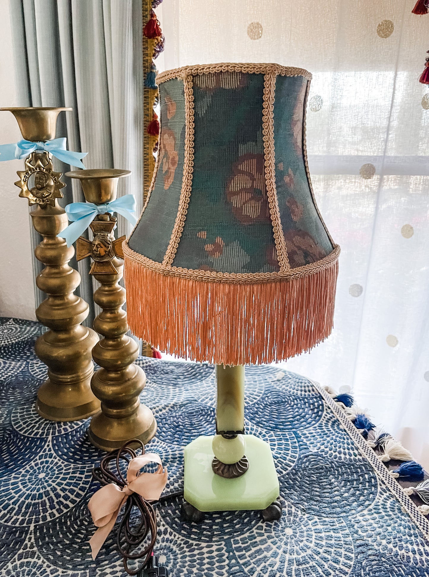 Antique Jadeite Lamp with Floral Fringed Shade, Bronze Claw Feet, and Adornments