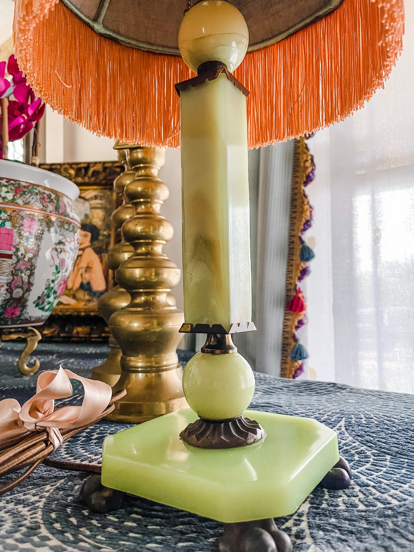 Antique Jadeite Lamp with Floral Fringed Shade, Bronze Claw Feet, and Adornments