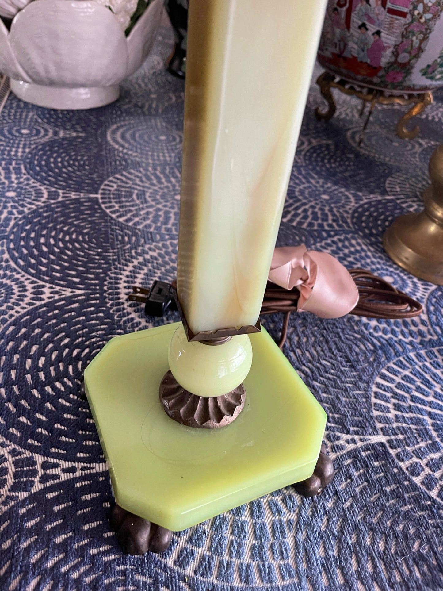 Antique Jadeite Lamp with Floral Fringed Shade, Bronze Claw Feet, and Adornments