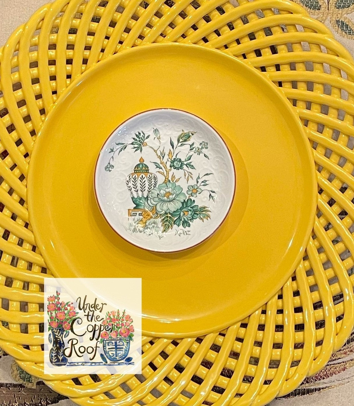 Vintage Crown Staffordshire Coaster/Small Dish,Green Floral and Ginger Jar Chinoiserie Motif, Kowloon Pattern
