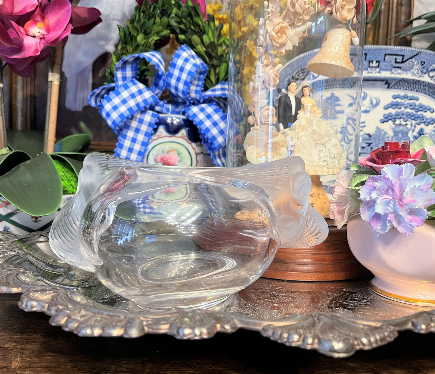 Vintage Lalique Adelaide Clear and Frosted Crystal Dove Bowl