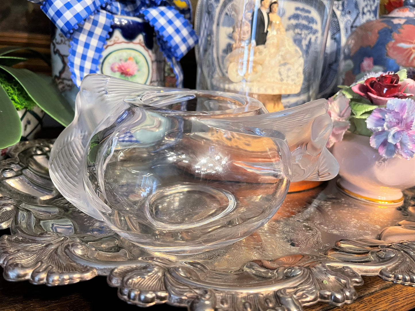 Vintage Lalique Adelaide Clear and Frosted Crystal Dove Bowl