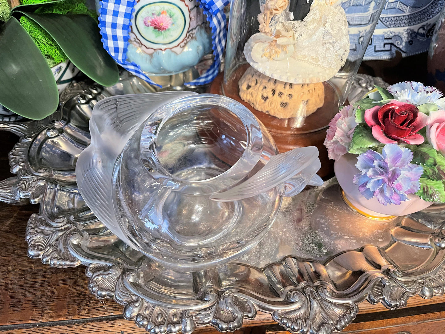Vintage Lalique Adelaide Clear and Frosted Crystal Dove Bowl