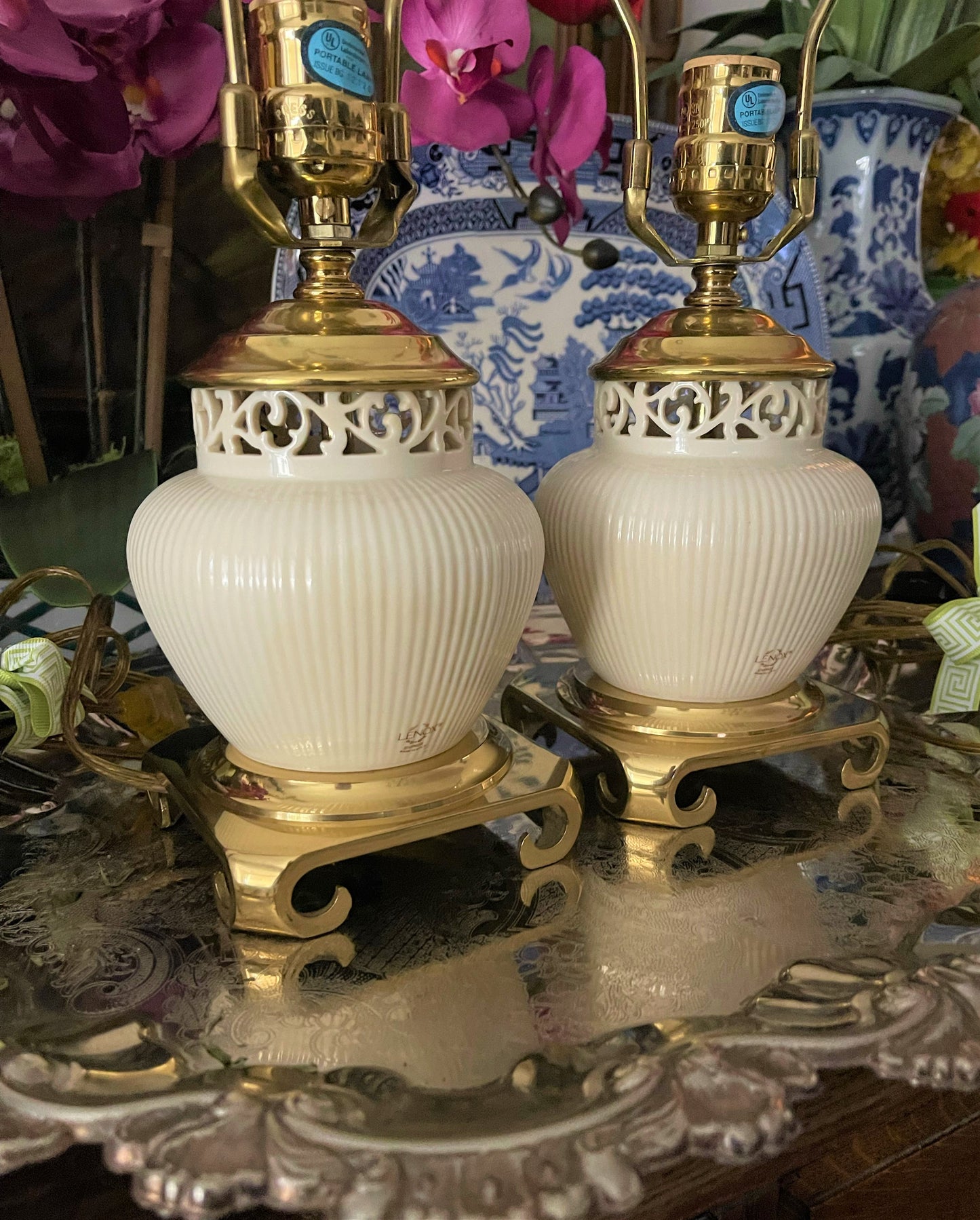 Vintage Lenox Quoizel Lamps, Ivory and Brass Chinoiserie Ming Base Lenox Lamps, Reticulated
