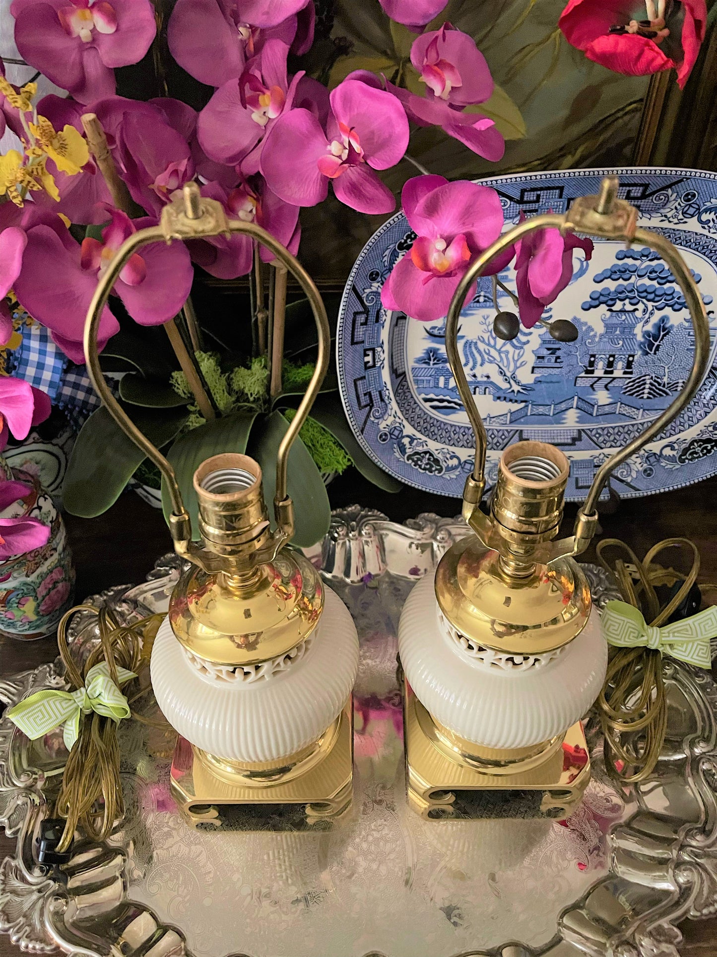 Vintage Lenox Quoizel Lamps, Ivory and Brass Chinoiserie Ming Base Lenox Lamps, Reticulated