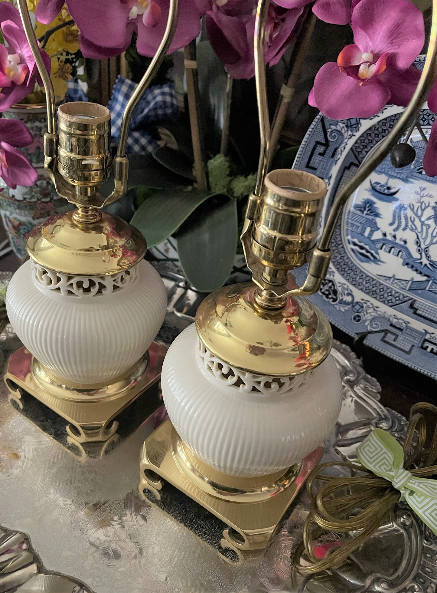 Vintage Lenox Quoizel Lamps, Ivory and Brass Chinoiserie Ming Base Lenox Lamps, Reticulated