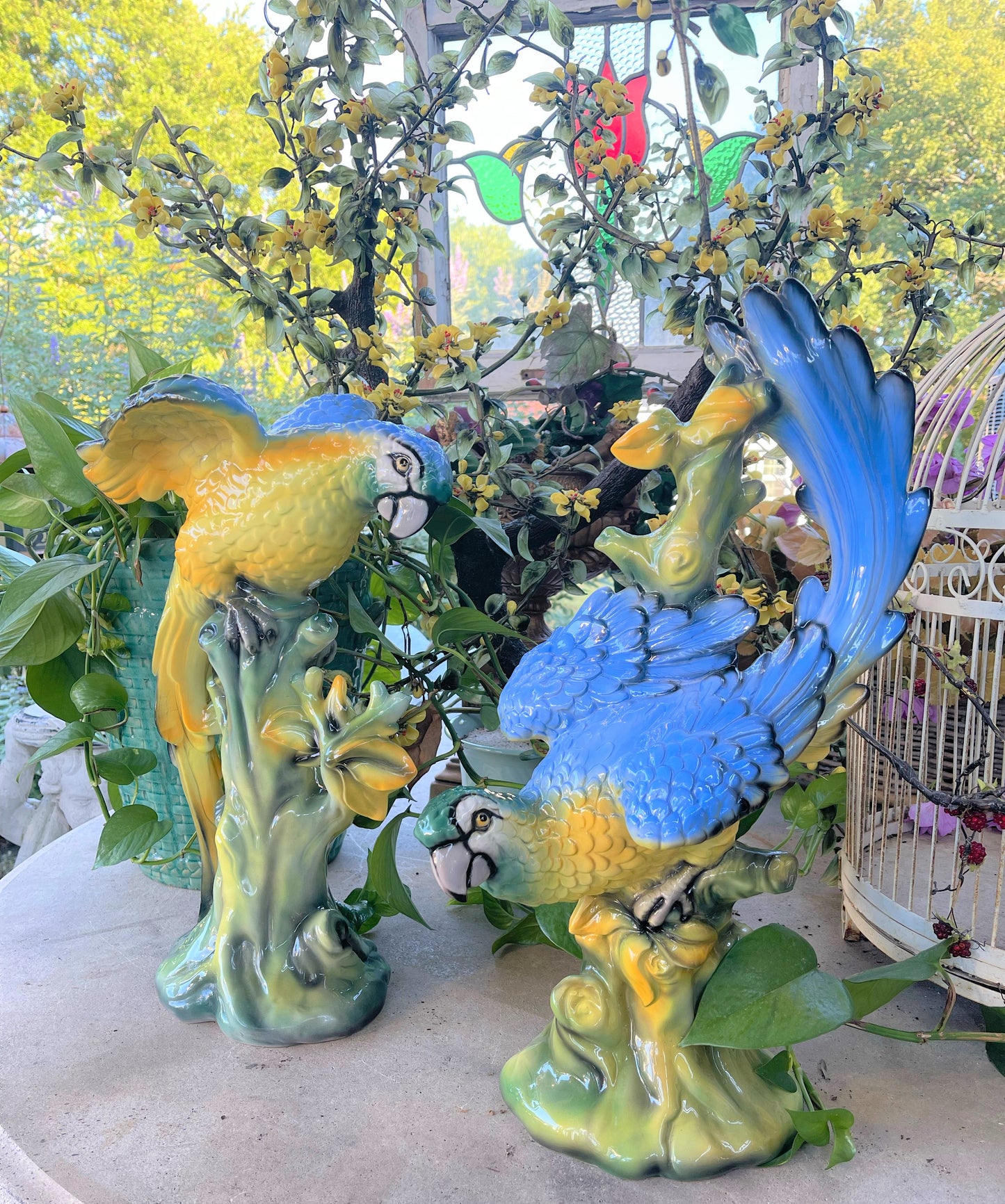 Pair of Italian Macaw Parrots, LARGE Italian Ceramic Parrots Hand Painted