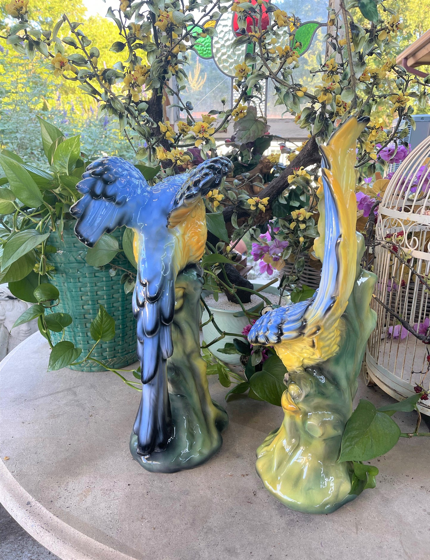 Pair of Italian Macaw Parrots, LARGE Italian Ceramic Parrots Hand Painted