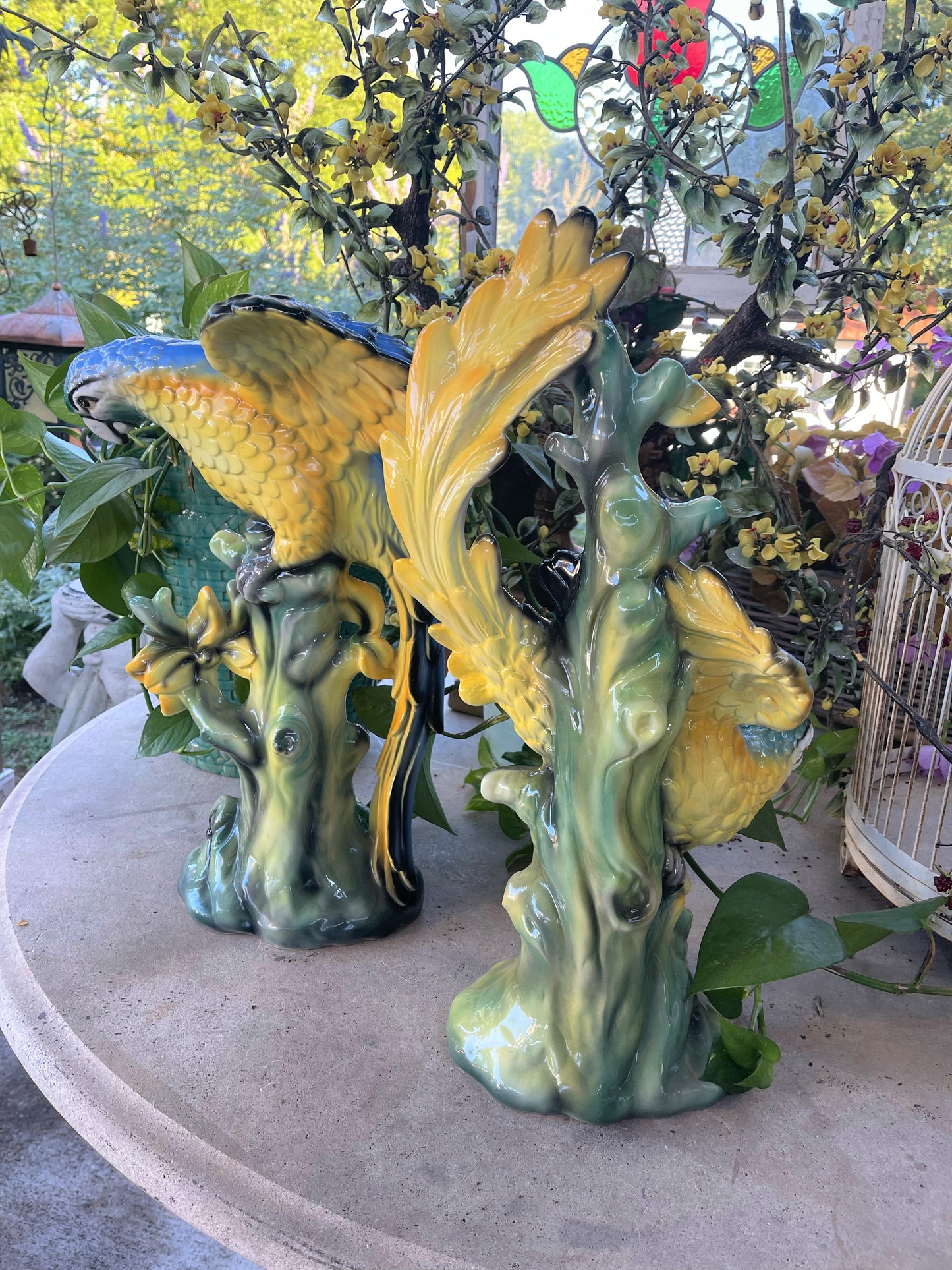 Pair of Italian Macaw Parrots, LARGE Italian Ceramic Parrots Hand Painted
