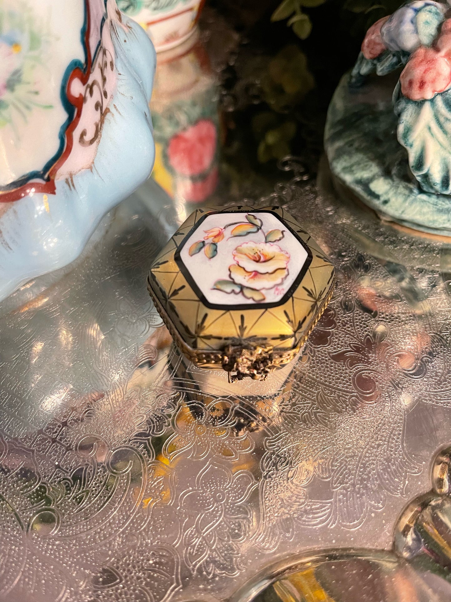 Vintage Rochard Limoges Gold Porcelain Hexagon Box with Flowers, Hand Painted, Made in France