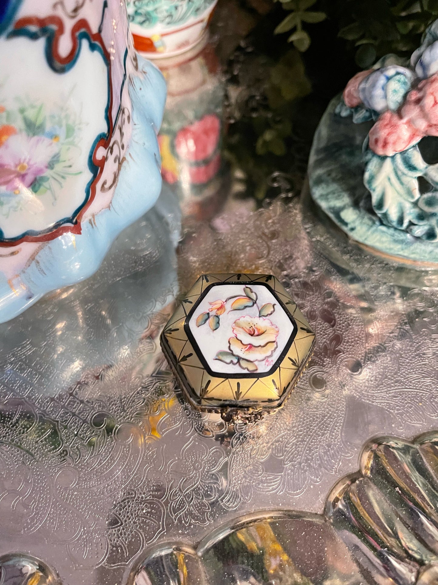 Vintage Rochard Limoges Gold Porcelain Hexagon Box with Flowers, Hand Painted, Made in France