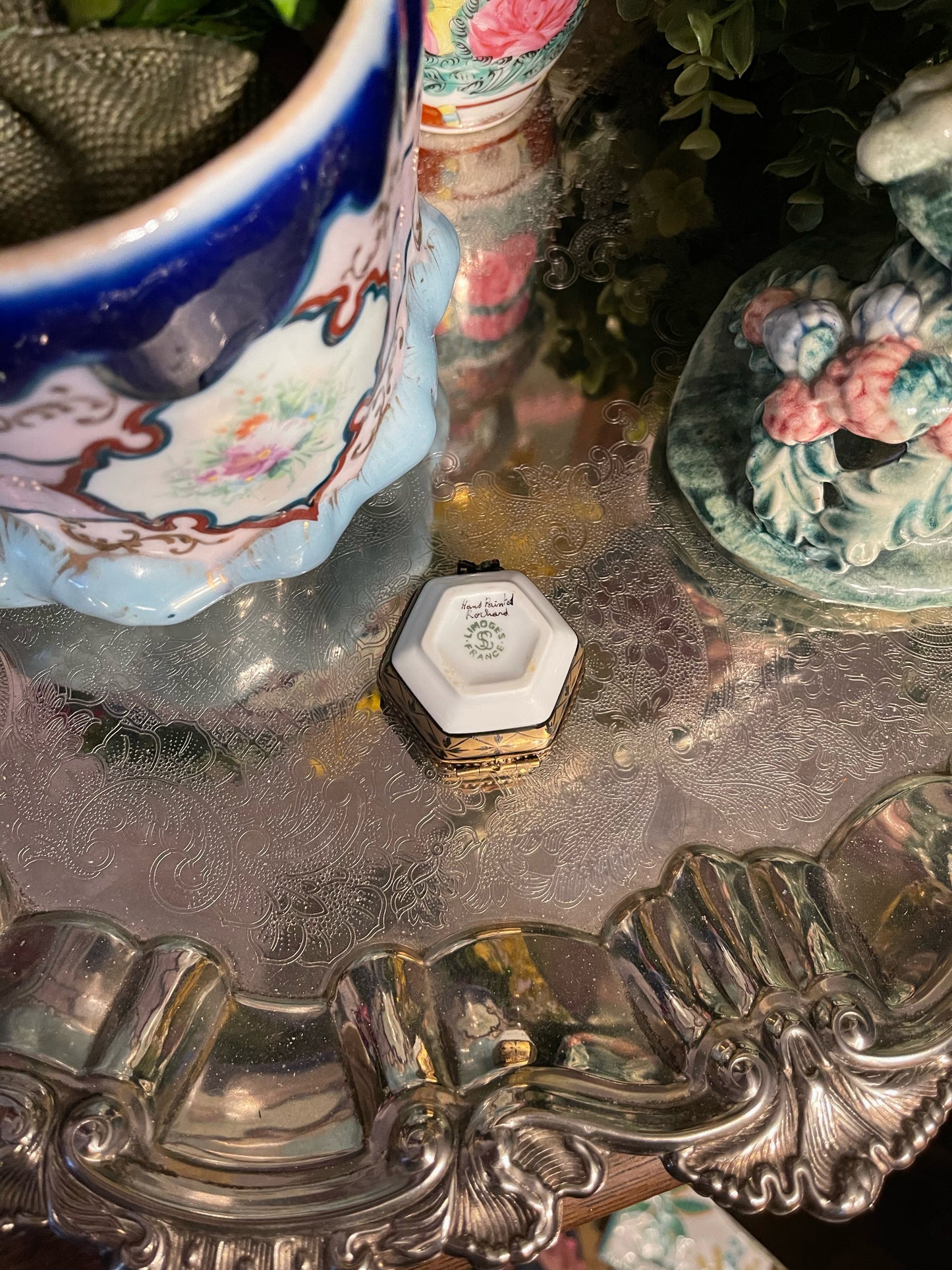 Vintage Rochard Limoges Gold Porcelain Hexagon Box with Flowers, Hand Painted, Made in France