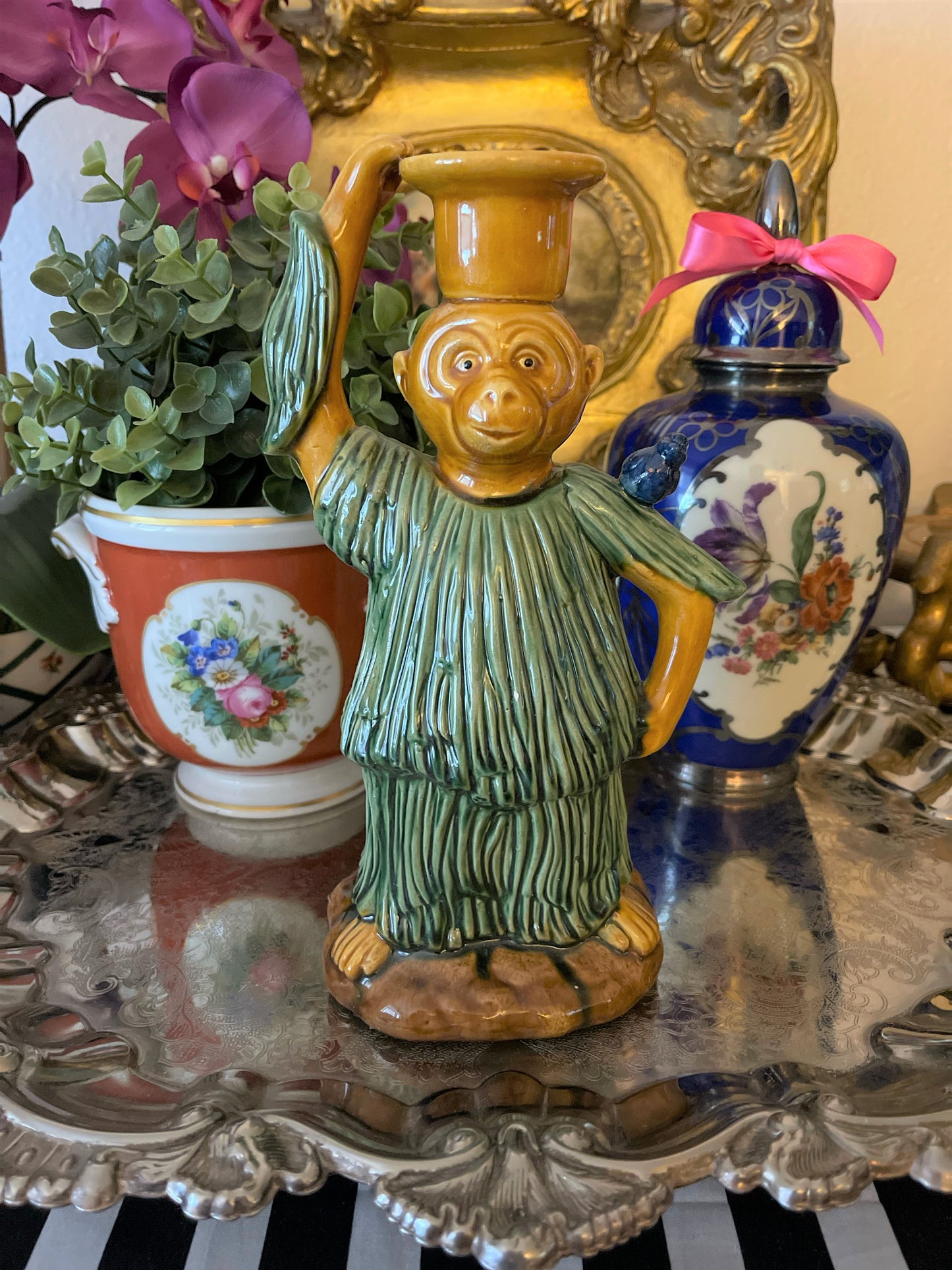 Majolica Style Monkey Candlestick, How Fun is He?