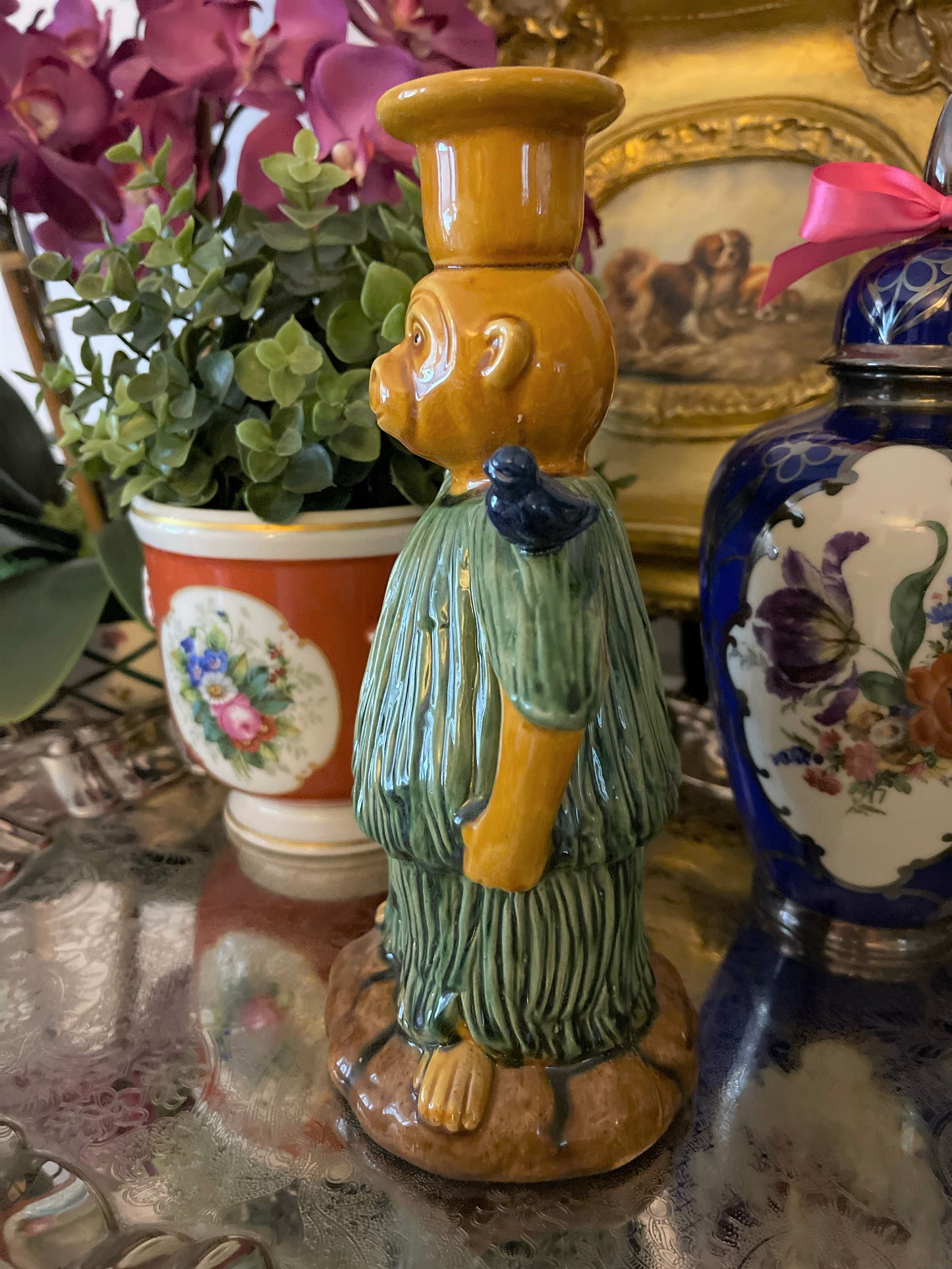 Majolica Style Monkey Candlestick, How Fun is He?