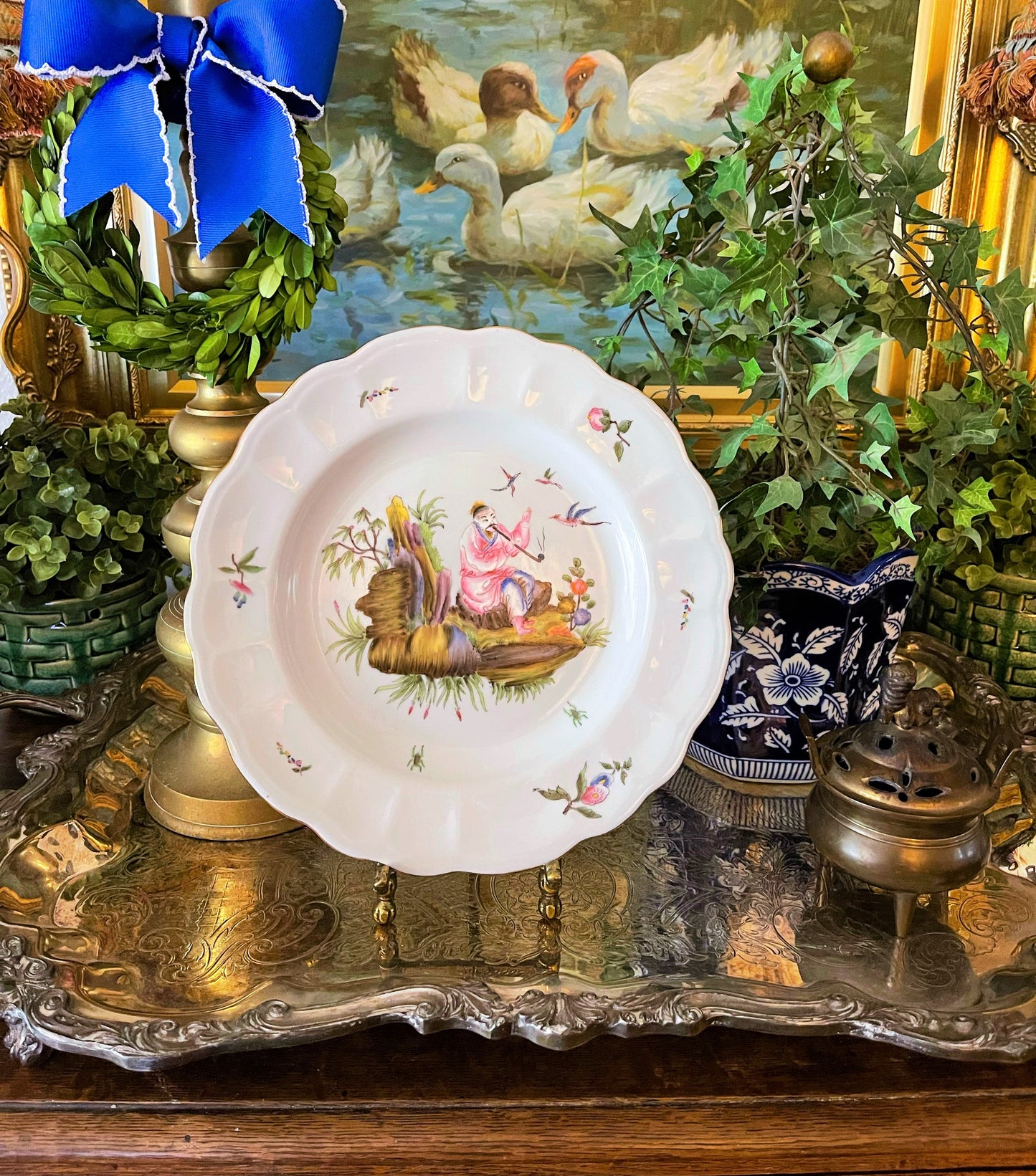 Vintage Hua Ping Tang Zhi Enameled Decorative Chinoiserie Plate, Man Sitting With Birds