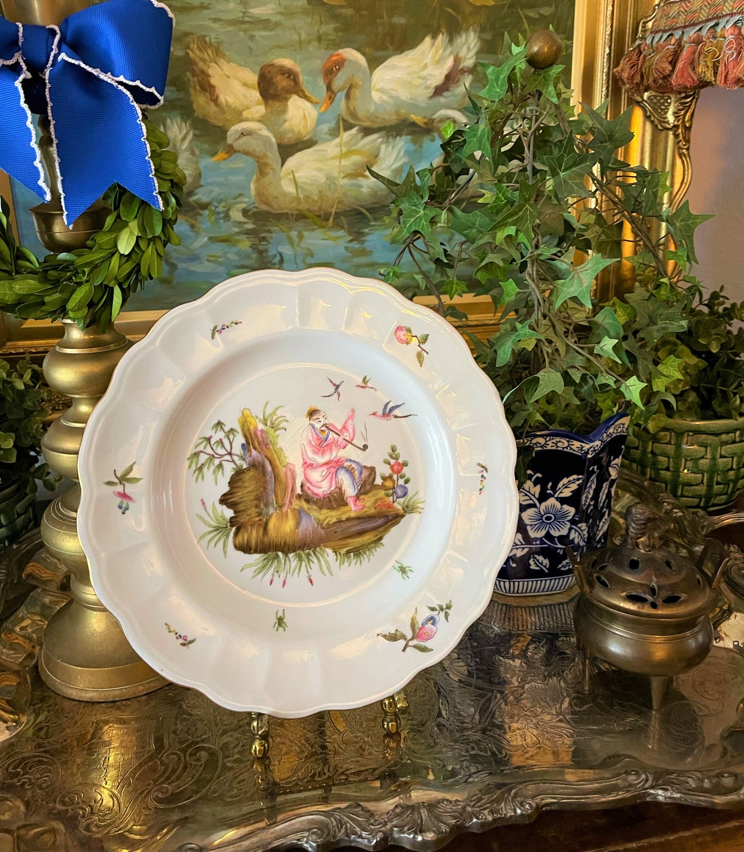 Vintage Hua Ping Tang Zhi Enameled Decorative Chinoiserie Plate, Man Sitting With Birds