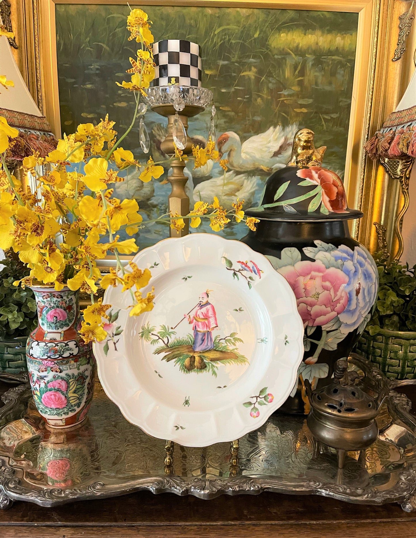 Vintage Chinoiserie Enameled Plate, Hua Ping Tang Zhi Decorative Chinoiserie Plate