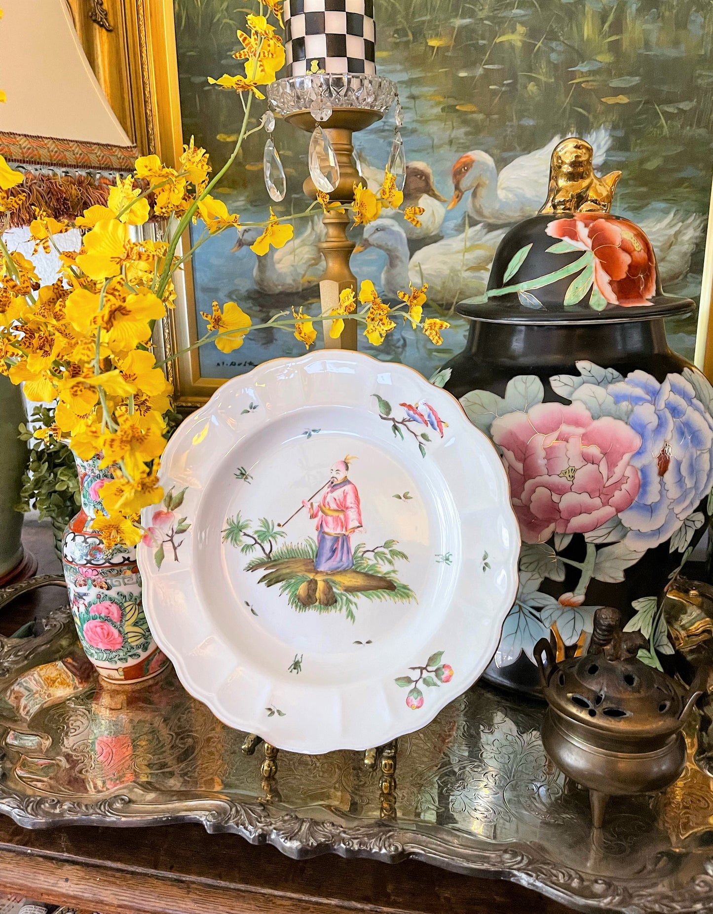 Vintage Chinoiserie Enameled Plate, Hua Ping Tang Zhi Decorative Chinoiserie Plate