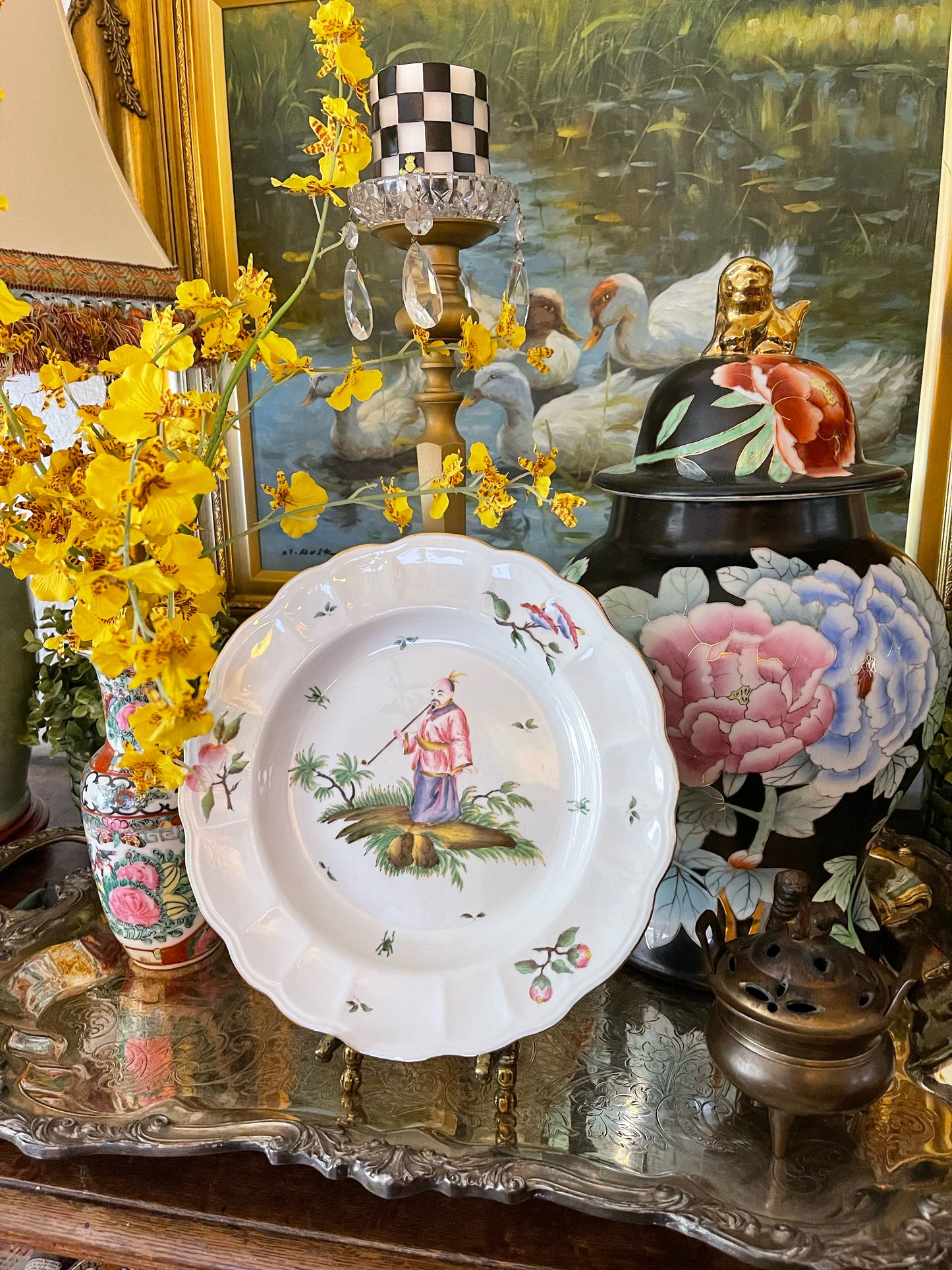 Vintage Chinoiserie Enameled Plate, Hua Ping Tang Zhi Decorative Chinoiserie Plate