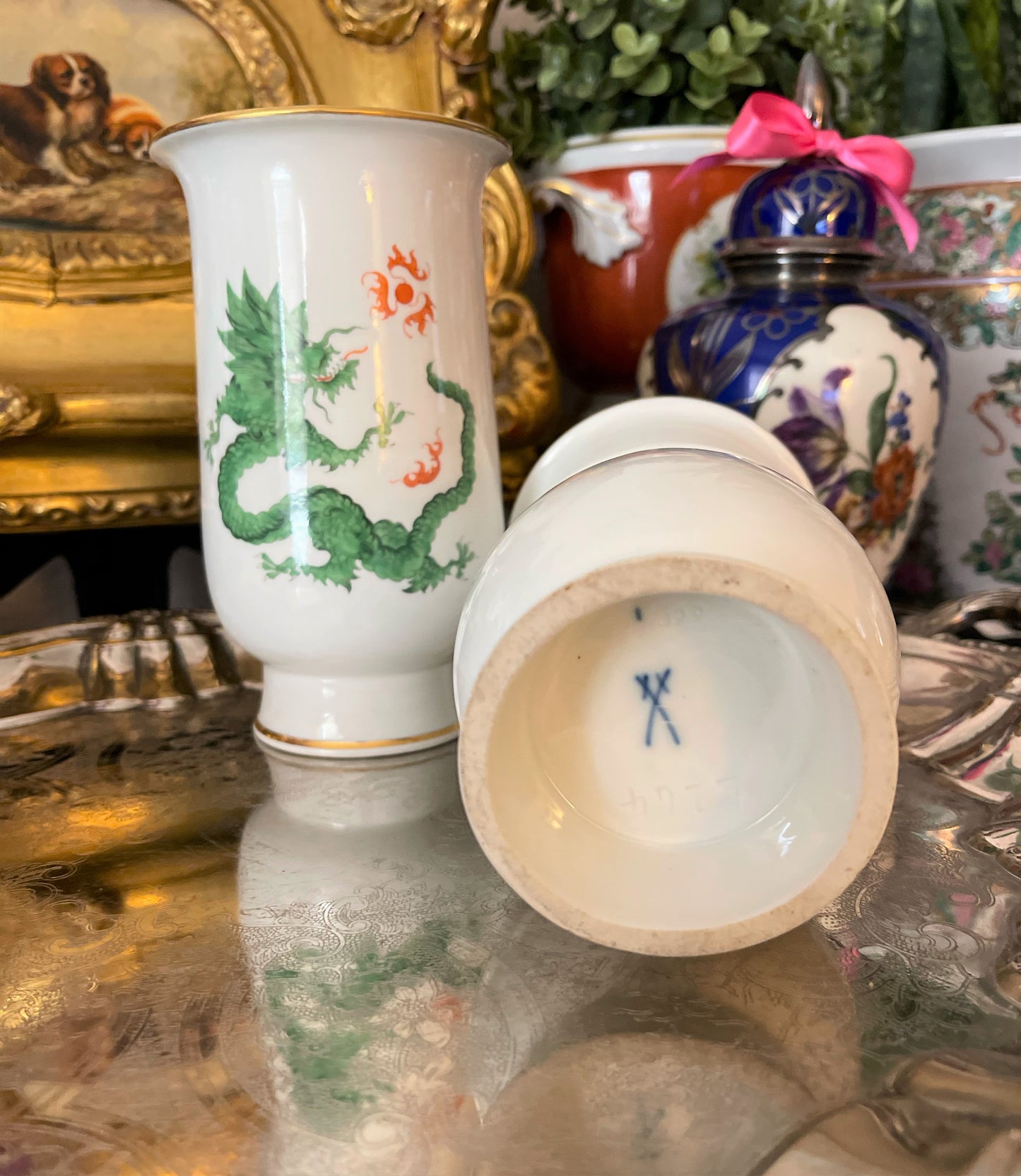 Meissen Ming Dragon Vase Pair, Meissen Green Ming Dragon, Chinoiserie Decor