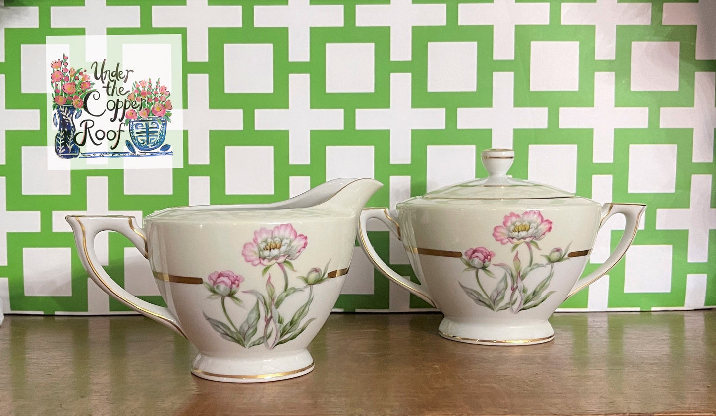 Mikado Harmony Creamer and Sugar Set, Excellent Vintage Condition, Pink and Green,
