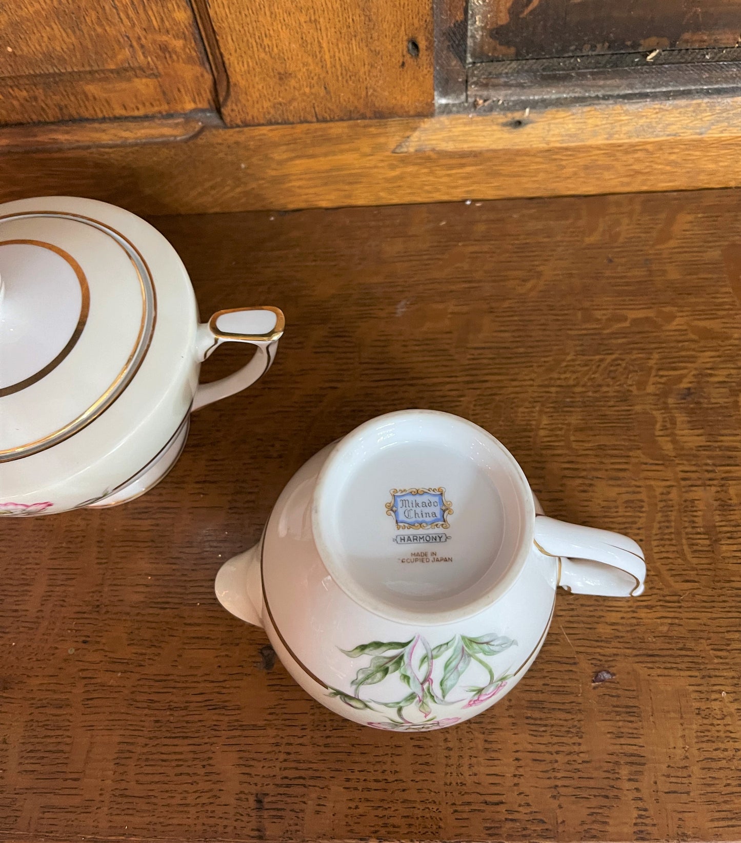 Mikado Harmony Creamer and Sugar Set, Excellent Vintage Condition, Pink and Green,