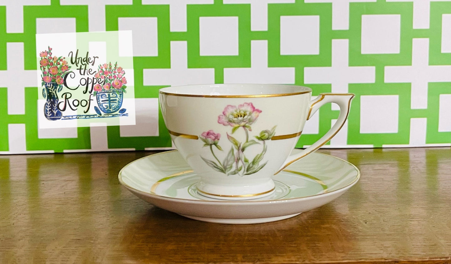 Mikado Harmony Tea/Coffee Cups and Saucers, Pink and Green Set, Made in Occupied Japan, Vintage, Eight Sets