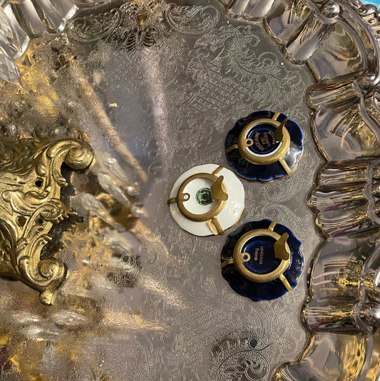 Limoges Miniature Plates in Brass Stands, Set of Three, Made in France, Hand Painted Porcelain