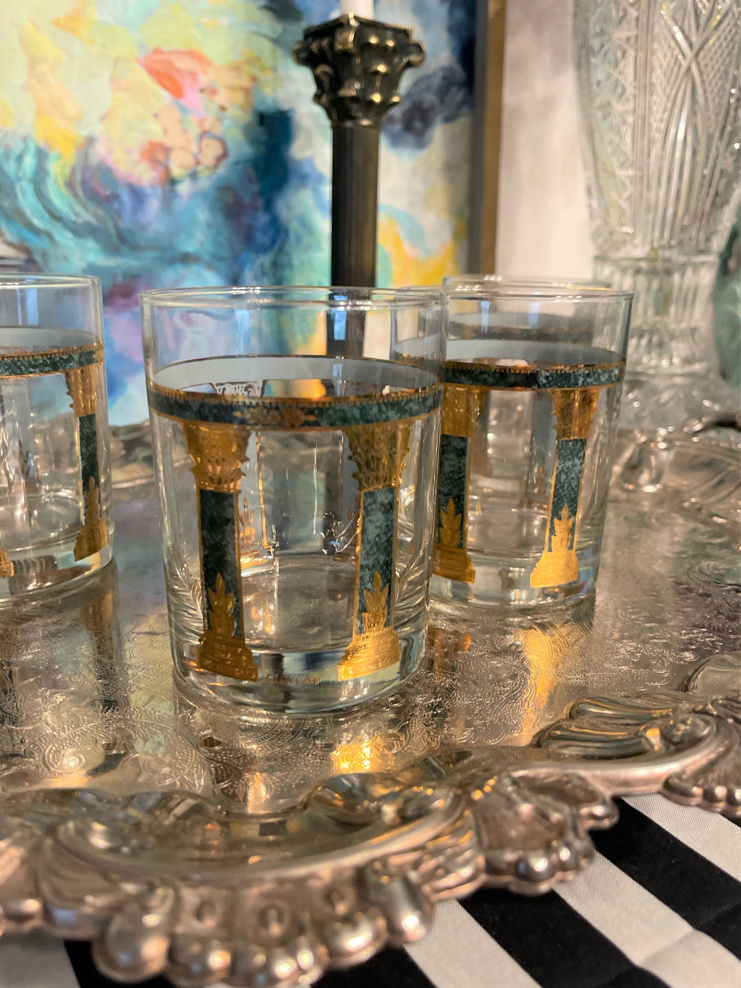 Vintage Neoclassical Culvers in Green and 22K Gold, Athens Greek Columns Low Ball Glasses