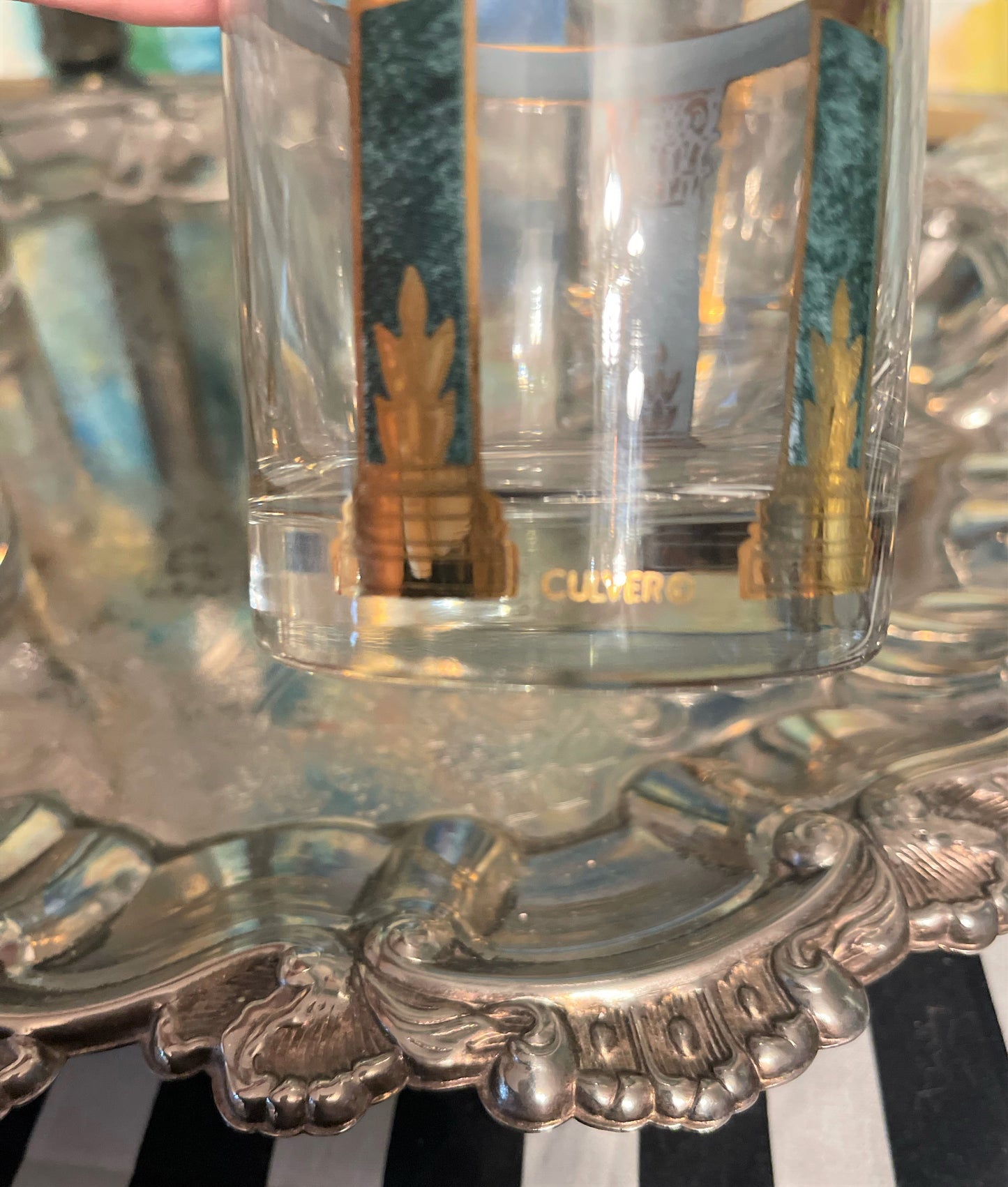 Vintage Neoclassical Culvers in Green and 22K Gold, Athens Greek Columns Low Ball Glasses