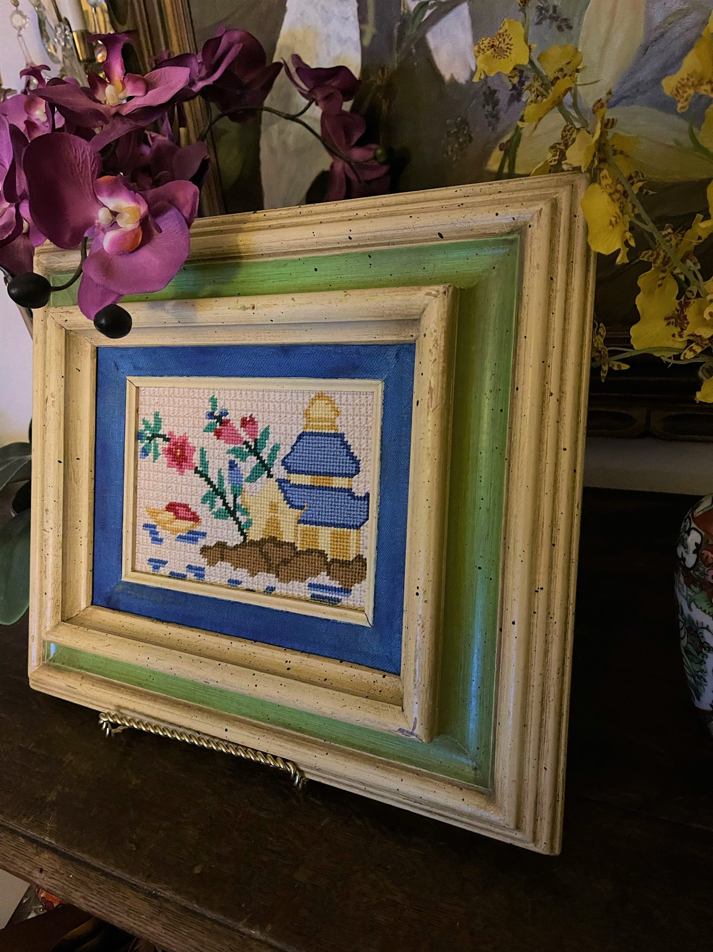 Colorful Vintage Pagoda Needlepoint in Solid Wood Frame