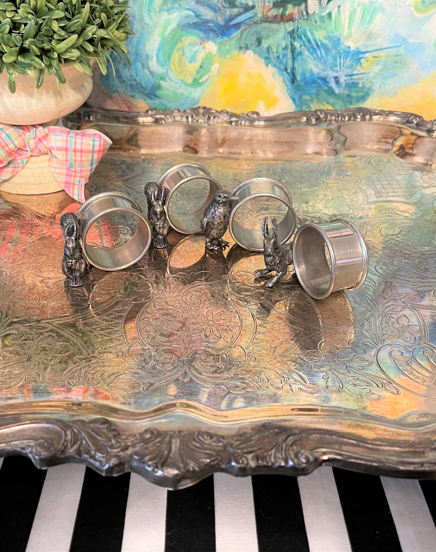 Vintage Pewter Napkin Rings, Set of 4, Squirrels, Rabbit, Penguin