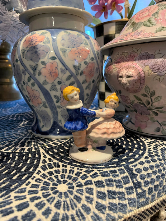 Vintage Statuette of a Dancing Pair, Boy in Blue, Girl in Pink Ruffles, Vintage, Made in Japan