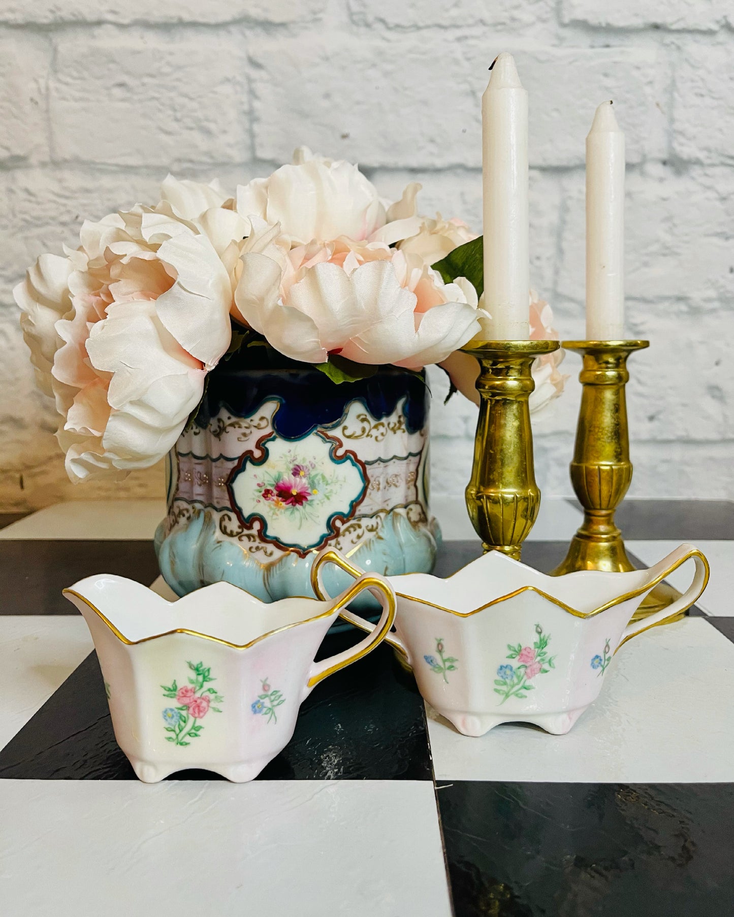 Pink and White Floral Creamer and Sugar Set - Vintage - Hand Painted