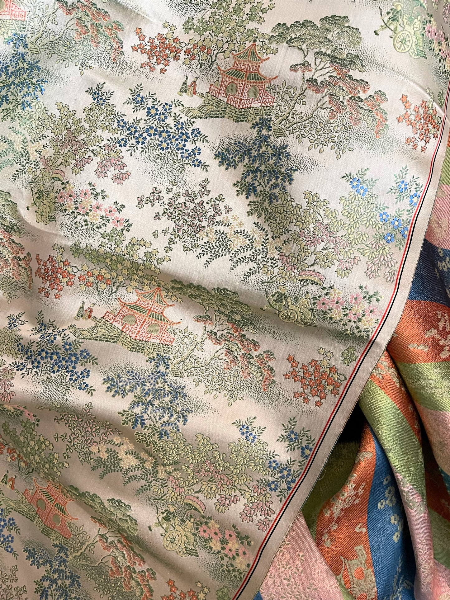 Vintage Chinoiserie Silk Fabric with Pagodas Willows and Rickshaws