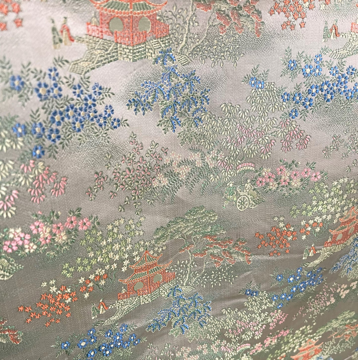 Vintage Chinoiserie Silk Fabric with Pagodas Willows and Rickshaws